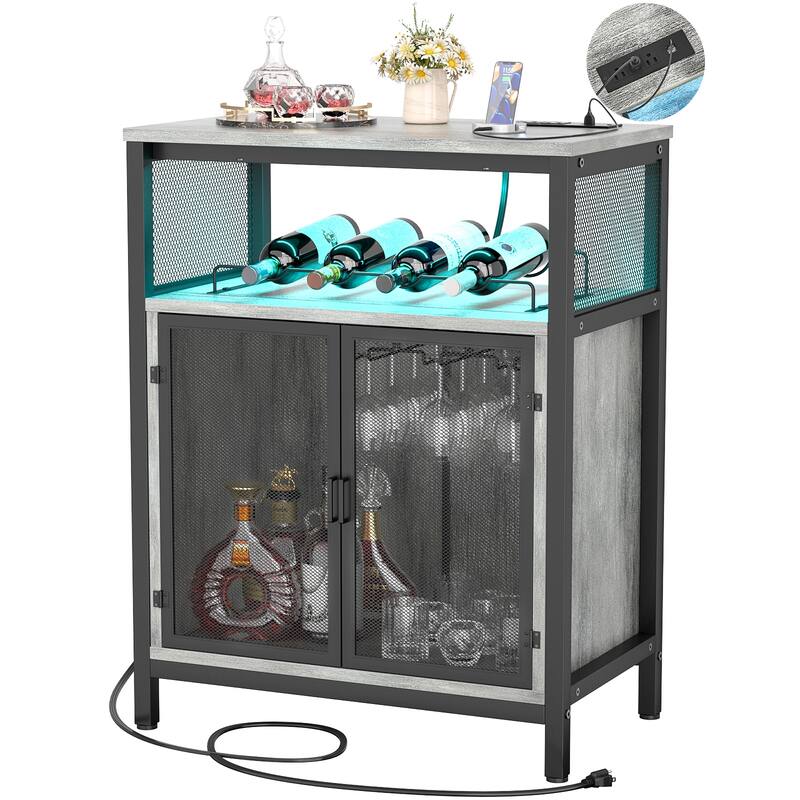 Wine Bar Cabinet with RGB Light and Outlet, Liquor Cabinet with Glass Holder and Wine Rack
