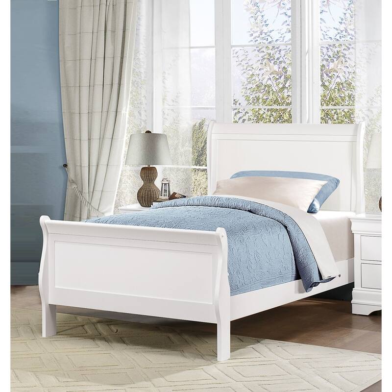 Classic Twin Size Sleigh Bed in White Finish with Louis Philippe Style - White