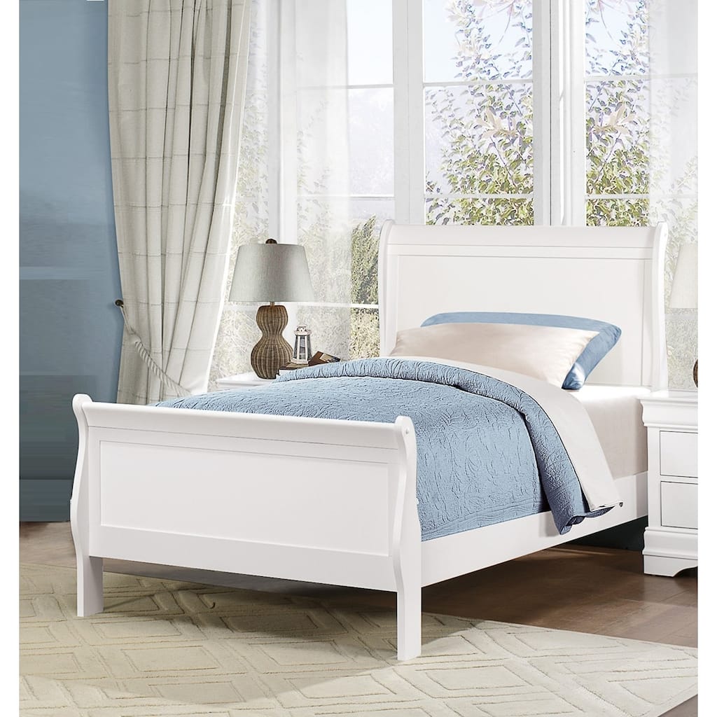 Classic Twin Size Sleigh Bed in White Finish with Louis Philippe Style