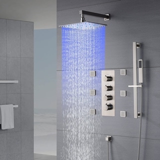 16" LED Wall Mount Rainfall 3 Way Thermostatic Shower System with Slide Bar, 6 Jets