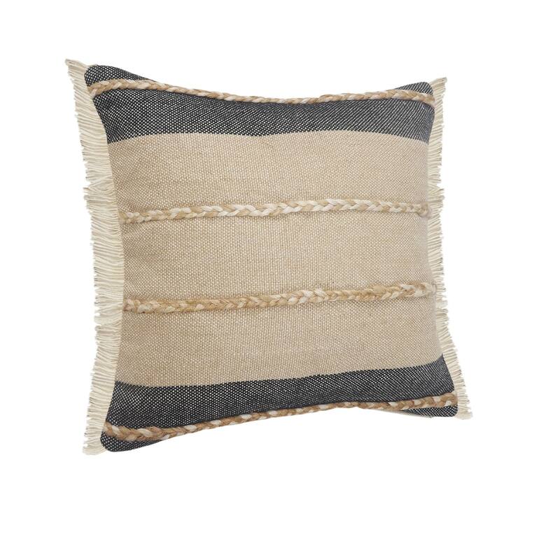 20" Black and Taupe Striped Square Throw Pillow with Jute Braiding