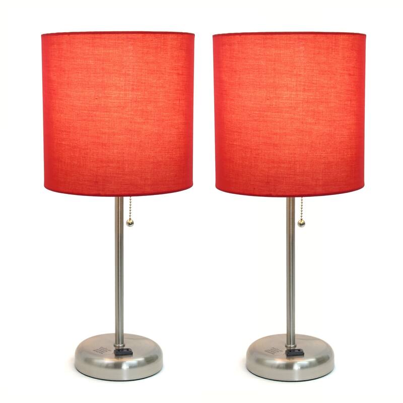 19.5 in. Brushed Steel Finish Table Lamp with Red Shade, Durable Stick Lamp for End/Side Tables, Set of 2