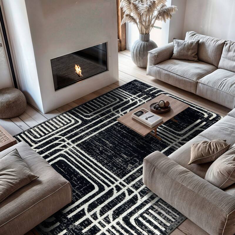 Bohemian Lines Black Ivory Gray Durable Area Rug Pet Friendly, Perfect for Entryway, Living Room, and Bedroom - 7' 10" x 10'