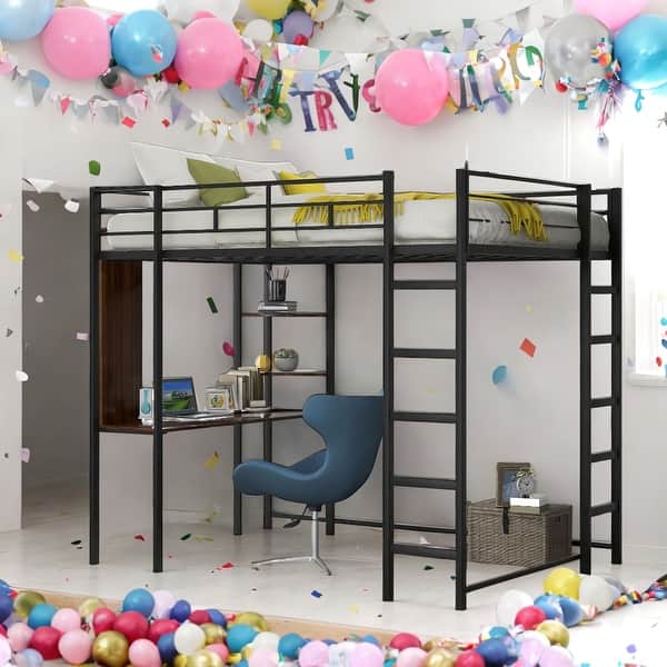 slide 2 of 17, Industrial Modern Full Metal Loft Bed with 2 Shelves, 2 built-in ladders and Desk, Sturdy Construction & Guaranteed, Black Black