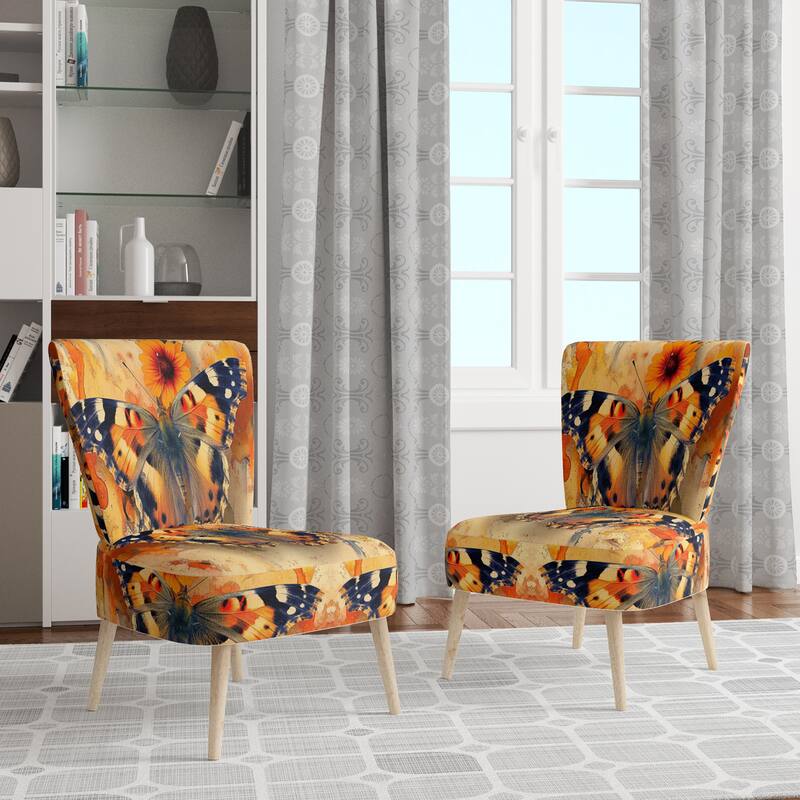 Designart "Orange Buttlerfly In Watercolor" Upholstered Floral Accent Chair - Traditional Arm Chair For Living Room - Side Chair - Orange & Brown
