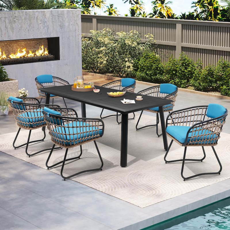 7PC Outdoor Aluminum Dining Table with Umbrella Hole with Rattan Chair - Table-Black&Chair-Blue