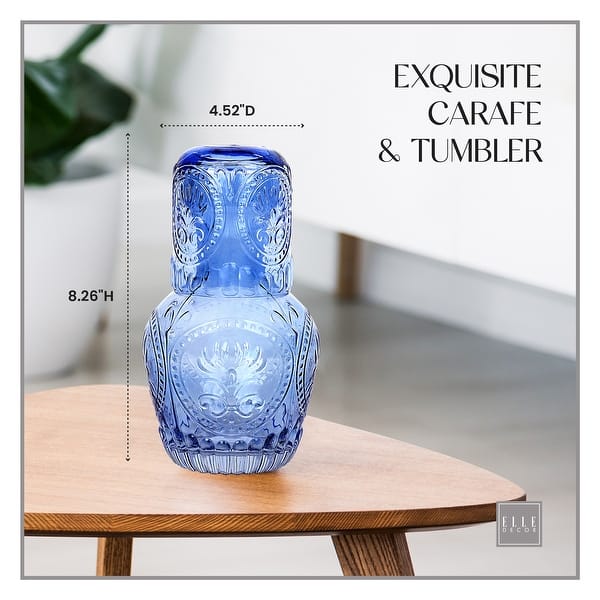 Elle Decor Bedside Night Water Carafe Glass Pitcher and Cup - 30 Oz