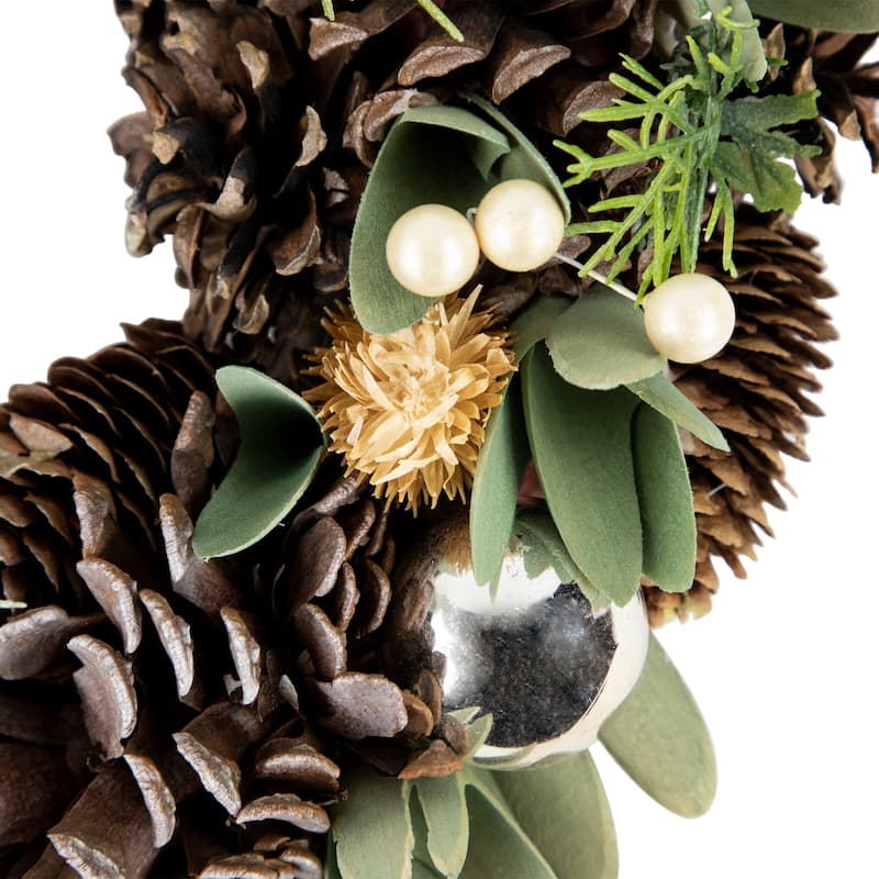 Silver and Green Mixed Foliage and Pinecone Christmas Wreath 13.5-Inch Unlit - 13.5"