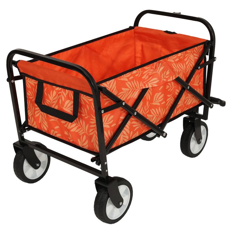 Patterned Collapsible Utility Wagon - Orange Leaf Design with Storage Straps, 225lb Capacity