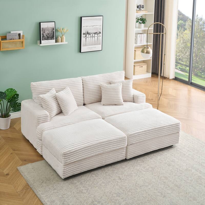 Corduroy Sleeper Sectional Sofa Loveseat Couch with 2 Storage Ottomans