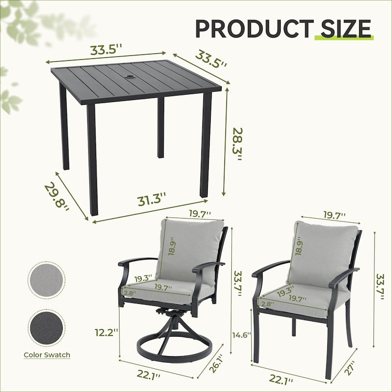 IvyGlow 5-Piece Black Metal Patio Dining Set with Square Table, 2 Swivel Dining Chairs and Gray Cushions