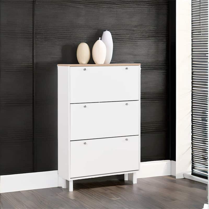 Narrow Design Shoe Cabinet with 3 Flip Drawers - White