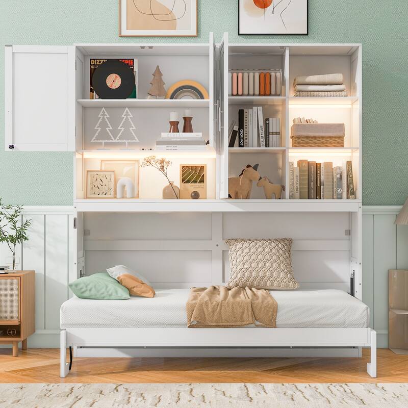 Roomfitters Twin Wall Murphy Bed with Top Cabinet Shelves Space Saving Design MDF - White