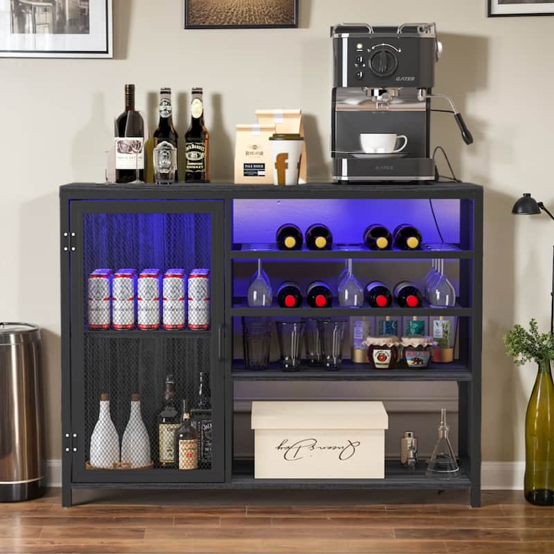 Modern Bar Sideboard Buffet Storage Cabinet with LED Lights and USB Socket, Black Wine Bar Cabinet - 43.31In*13.78in*32.87in