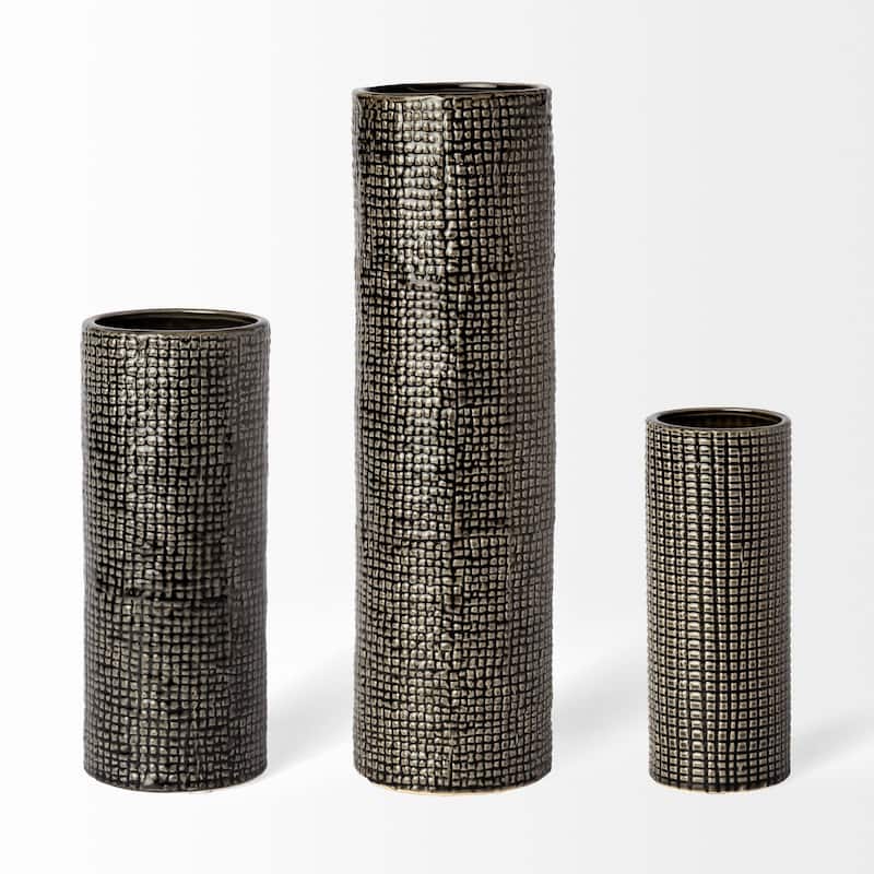 10" Black And Gold Abstract Cylinder Ceramic Table Vase - 4" x 4" x 10"