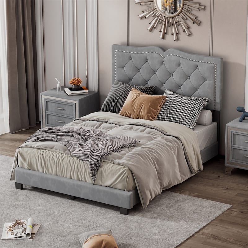 Full Size Upholstered Bed Frame with Rivet Design,Tufted Headboard - Gray