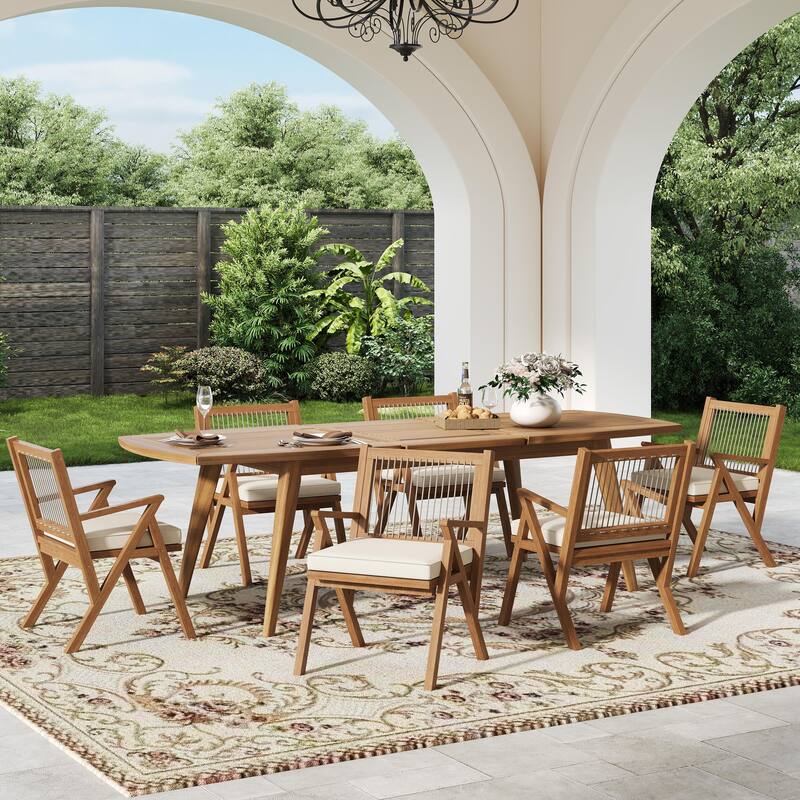 Roomfitters Outdoor Expandable Dining Set 7 Piece Acacia Wood Table Rope Woven Chairs, 71-95 Inch, Teak Grey