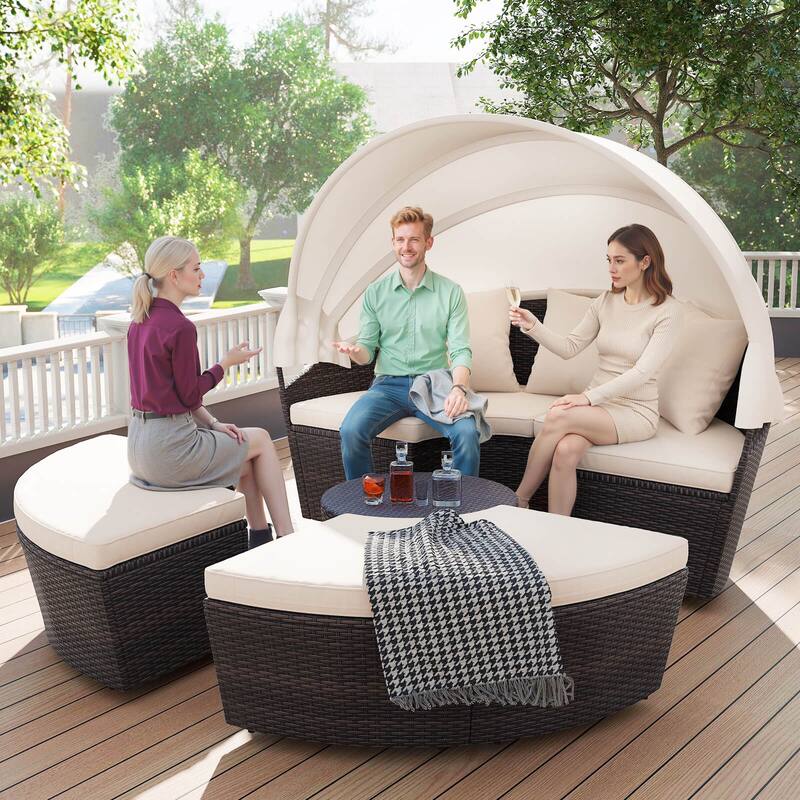 Costway Patio Round Daybed PE Rattan Cushioned Sectional Seating with - See Details