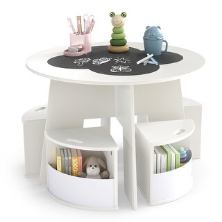 White 5 Piece Kids Table and Chair Set with Storage Stools Perfect for Organizing Toys, Books or Snacks - 27.5" x 27.5" x 19.5"