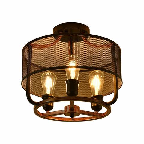 Black Wood 3-Light Rustic Industrial Semi-Flush Mount Light - 15"