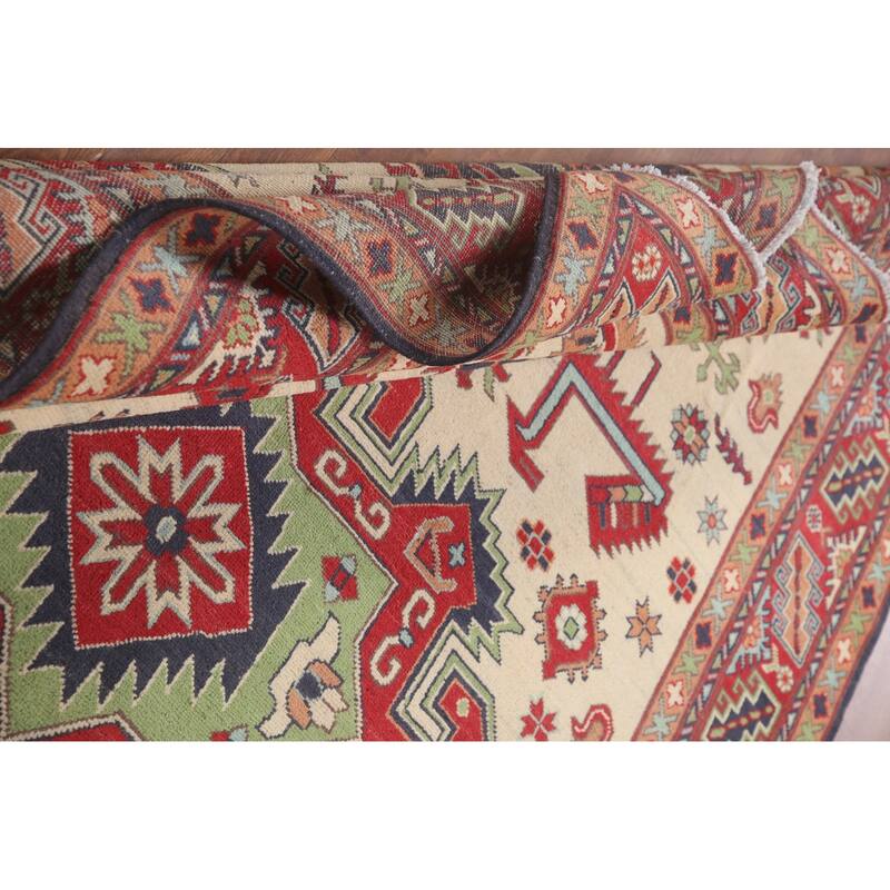 Hand Knotted Oriental 100% Wool Carpet Traditional Geometric Beige & Ivories Kazak Area Rug - 9' 10'' X 6' 5''