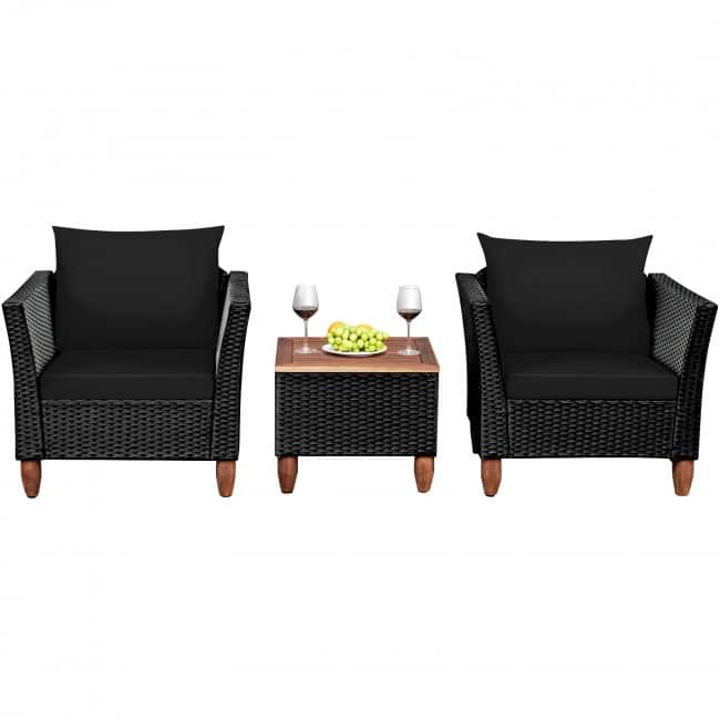 3 Pcs Outdoor Patio Rattan Furniture Set Wooden Table Top Cushioned Sofa - 29" x 27" x 28" (L x W x H)