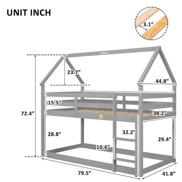 Twin over Twin Loft Bed with Roof Design, Guardrail and Ladder, Grey