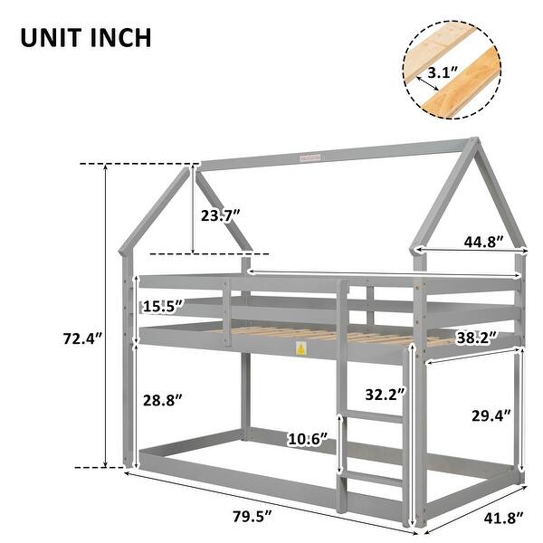 dimension image slide 0 of 3, Wood House Roof Loft Bed Frame Twin Over Twin Loft Bed Frame with Safety Guardrail and Ladder, Low Height Design for Kids, Teens