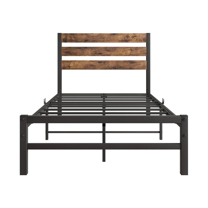 Metal Low Profile Platform Bed with Rustic Vintage Wood Headboard