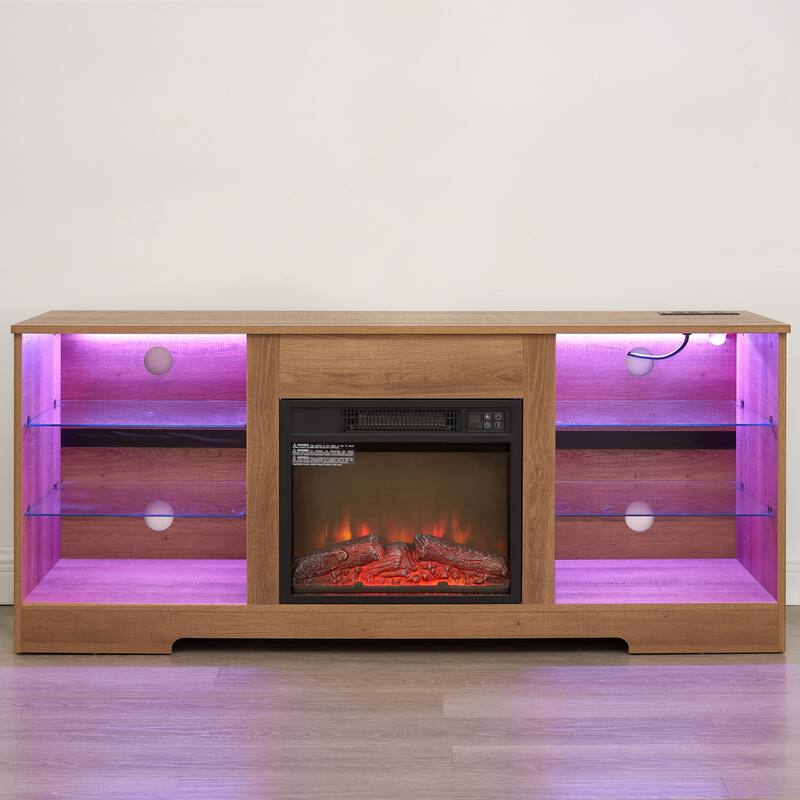 TV Stand Electric Fireplace TV Stand with Glass Shelves