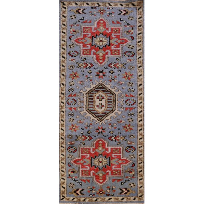 Hand Knotted Oriental 100% Wool Carpet Traditional Geometric Navy Blue & Blues Heriz (serapi) Runner Rug - 7' 6'' X 2' 7''