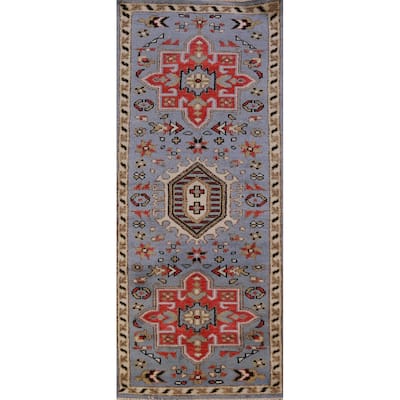 Hand Knotted Oriental 100% Wool Carpet Traditional Geometric Navy Blue & Blues Heriz (serapi) Runner Rug - 7' 6'' X 2' 7''