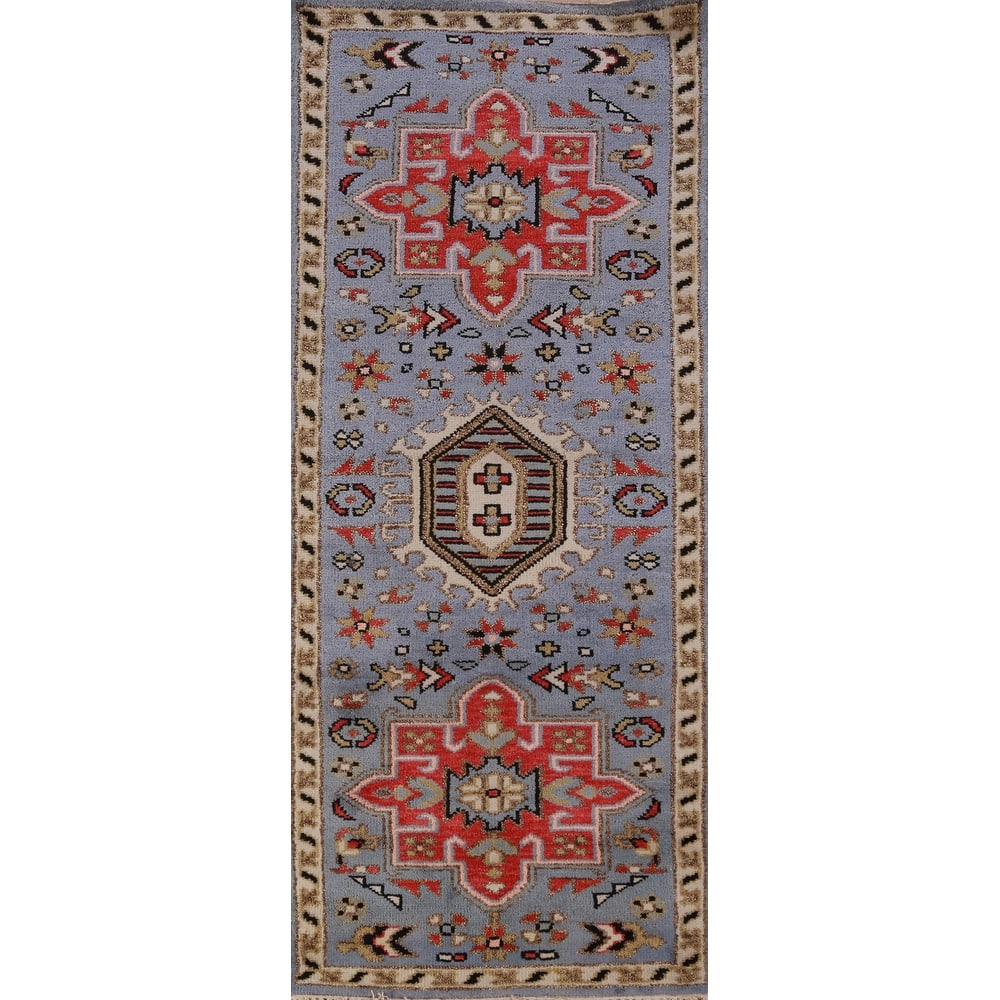 Hand Knotted Oriental 100% Wool Carpet Traditional Geometric Navy Blue & Blues Heriz (serapi) Runner Rug - 7' 6'' X 2' 7''