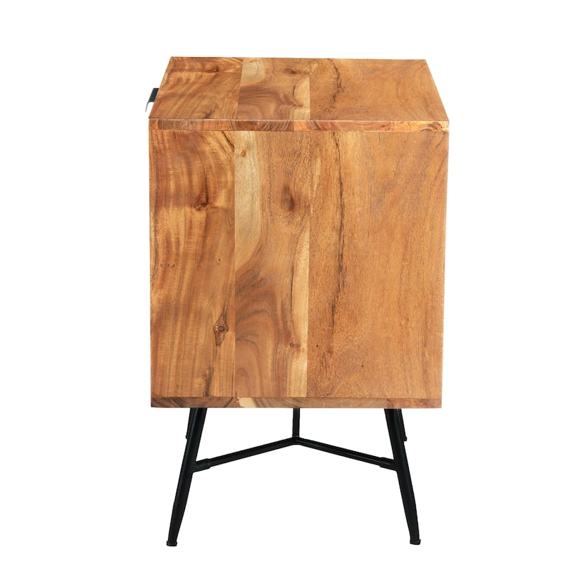 2 Drawer Wooden Nightstand with Metal Angled Legs, Black and Brown