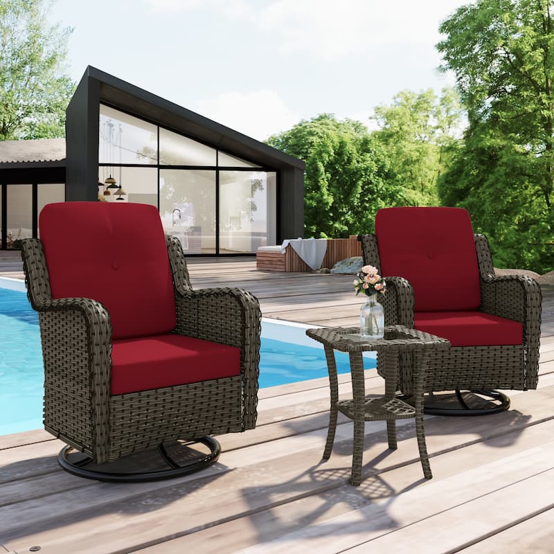 3-Piece Patio Rattan Swivel Cushioned Rocking Chair Set With Side Table