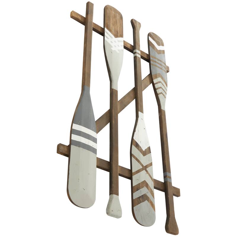 Light Gray Wood Arrow and Stripe Patterned Paddle Home Wall Decor with Muted Blue Accents