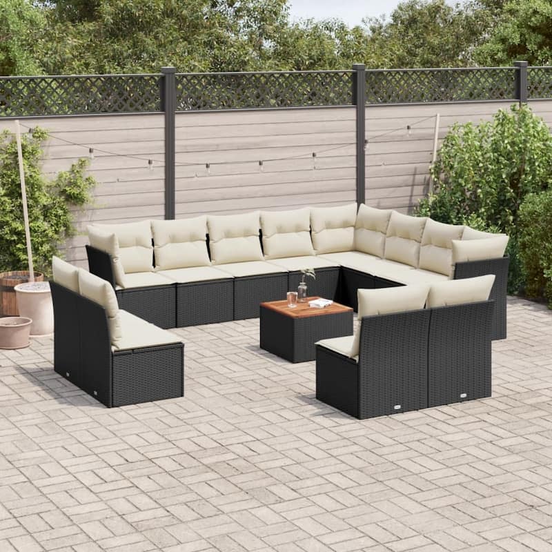 vidaXL Patio Sofa Set with Cushions Outdoor Furniture 13 Piece Poly Rattan - 24.4 x 24.4 x 27.2 - Black and Cream