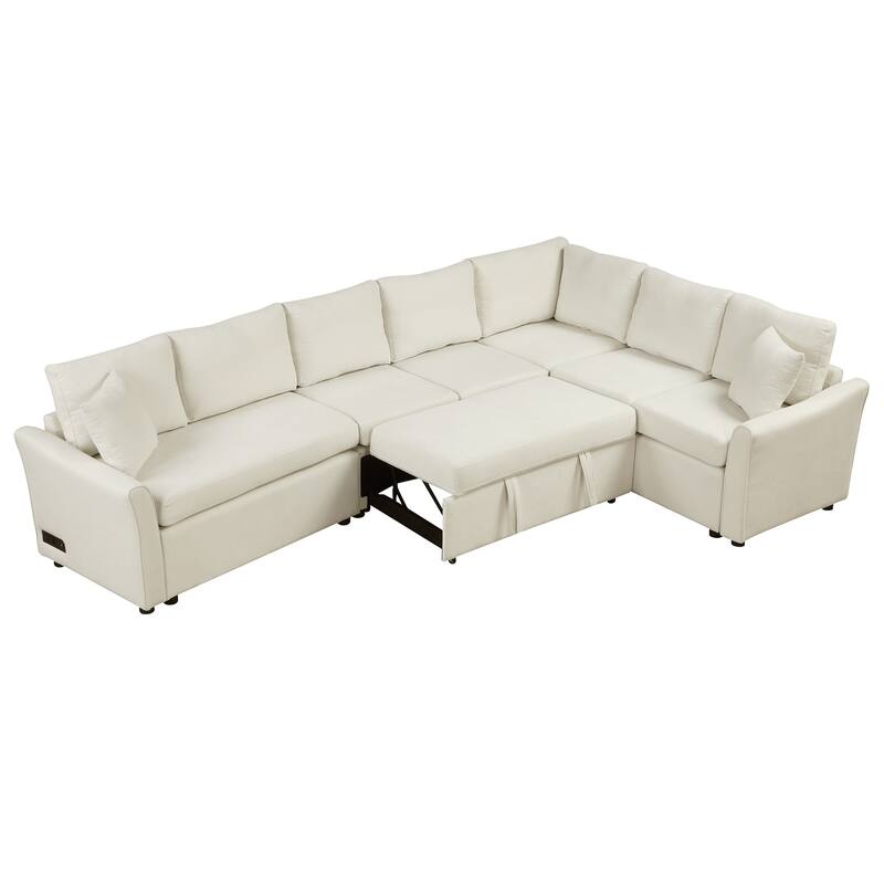 L-shaped Sofa Convertible Sofa Bed Pull Out Sofa Sleeper with Two Back Pillows, Two USB Ports and Two Power Sockets