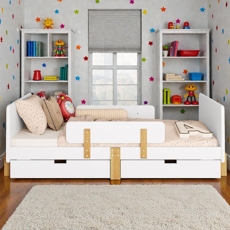 Twin/Full Wood Platform Bed with Storage Drawers, Guardrail, Shelf & Hooks, Solid Wood Frame, No Box Spring Needed