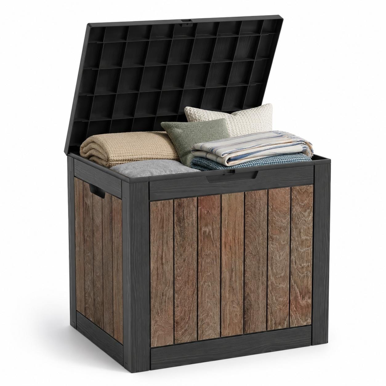 30 Gallon Indoor & Outdoor Deck Box, Weatherproof Wood Grain Resin Patio Storage Chest with Lockable Lid