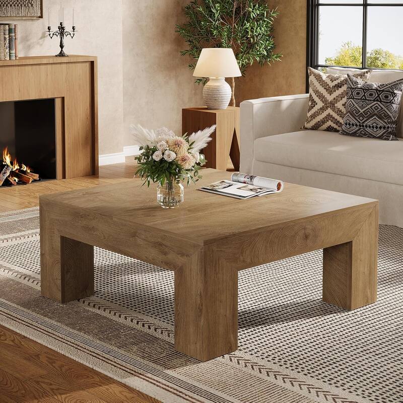 39.4-Inch Square Coffee Table for Living Room, Farmhouse Accent Center Cocktail Table with Sturdy Wooden Legs - Yellow Brown