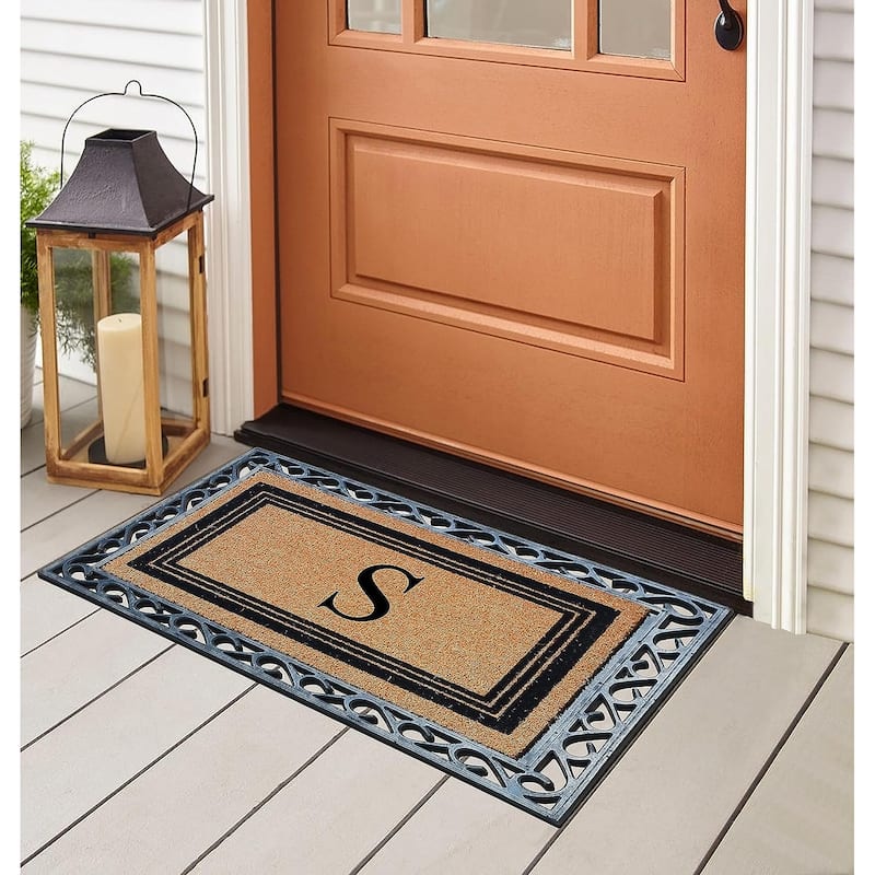 A1HC Natural Coir & Rubber Monogrammed Entrance Door Mats, Non-Slip, Flock Doormat, Thin-Profile Indoor Outdoor Doormat 24"x36"