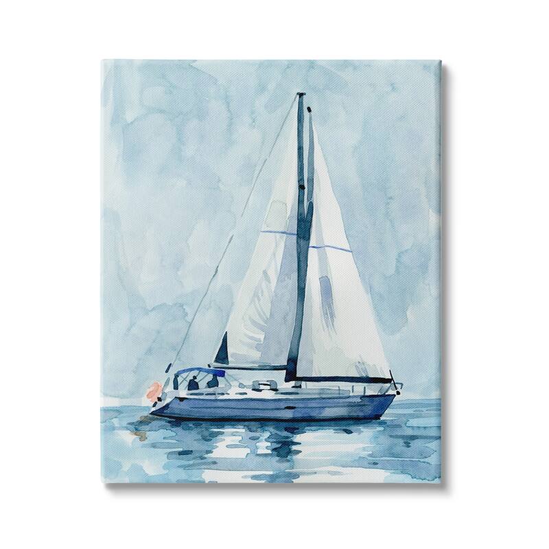 Stupell Nautical Blue Sailboat Tranquil Coastal Water Watercolor Painting Canvas Wall Art - White - 24 x 30