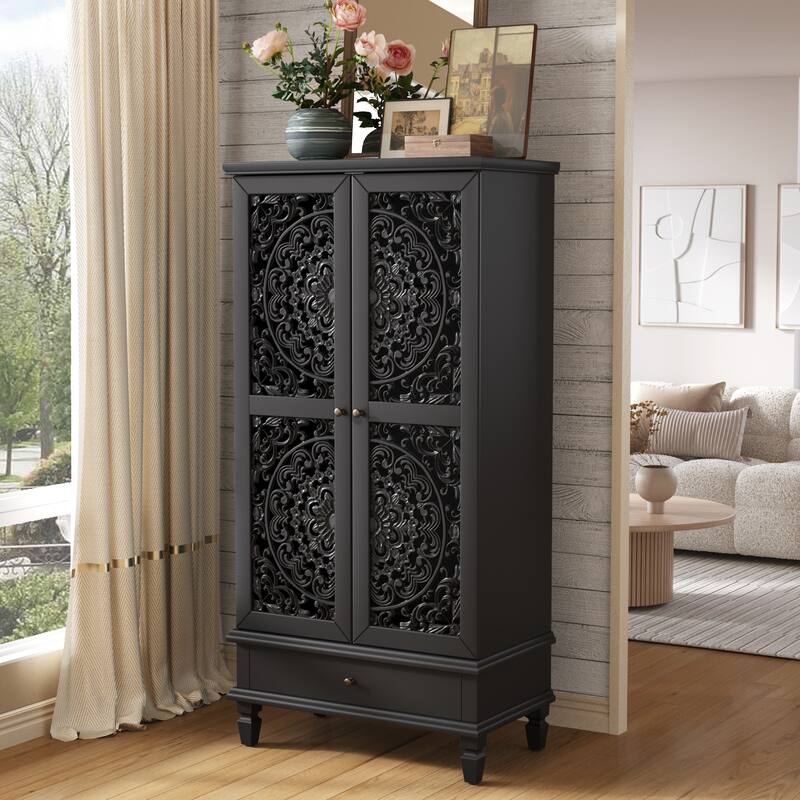 GDF Studio - Maribelle Rustic 55" Tall Storage Cabinet with Drawer, Decorative 2-Door Carved Wood Accent Cabinet