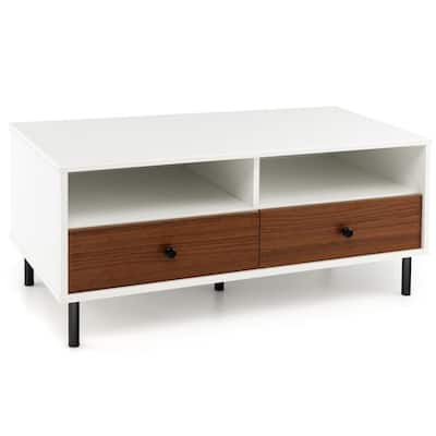2 Tier 40 Inch Length Modern Rectangle Coffee Table with Storage Shelf and Drawers-White - 40" x 20" x 18" (L x W x H)