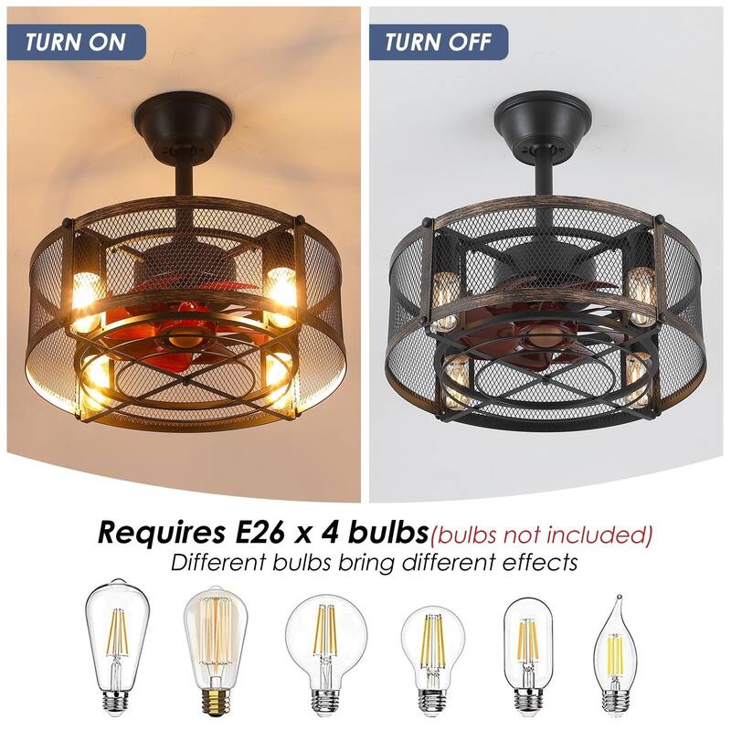 18'' Indoor Black Caged Ceiling Fans with Lights, Flush Mount Ceiling Fan Lights, Industrial Ceiling Fan Light Fixtures