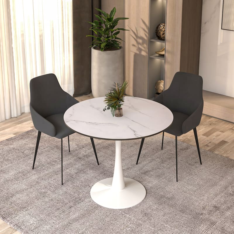 Bristol 35" Round Dining Table with Modern Glass, MDF or Sintered Stone - Sturdy Steel Pedestal Base for Kitchen, Dining, Cafe