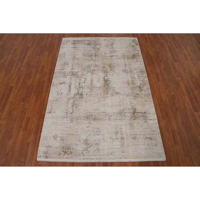 Machine Made Oriental Polyester Carpet Abstract Beige & Ivories Distressed Area Rug - 7' 5'' X 5' 2''