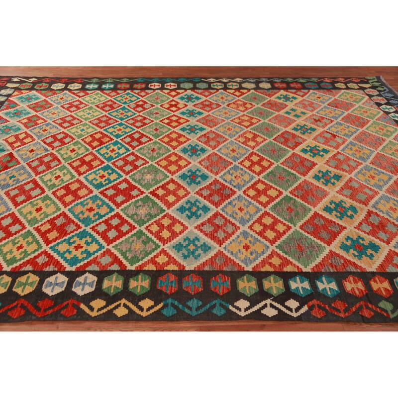 Reversible Trellis Kilim Oriental Area Rug Flatweave Wool Carpet - 8'7"x 11'2"