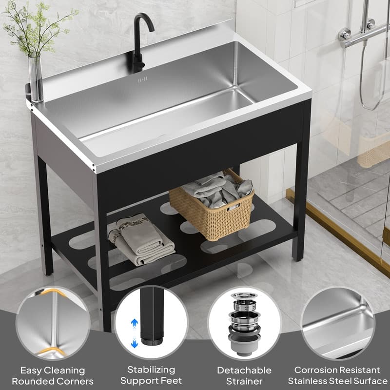 41.7 In. Freestanding Stainless Steel Utility Sink With Towel Rack And Storage Shelf